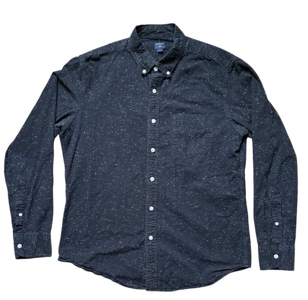 J.Crew Shirt Mens Large Button Down Black Specks Flecked Cotton White Dots